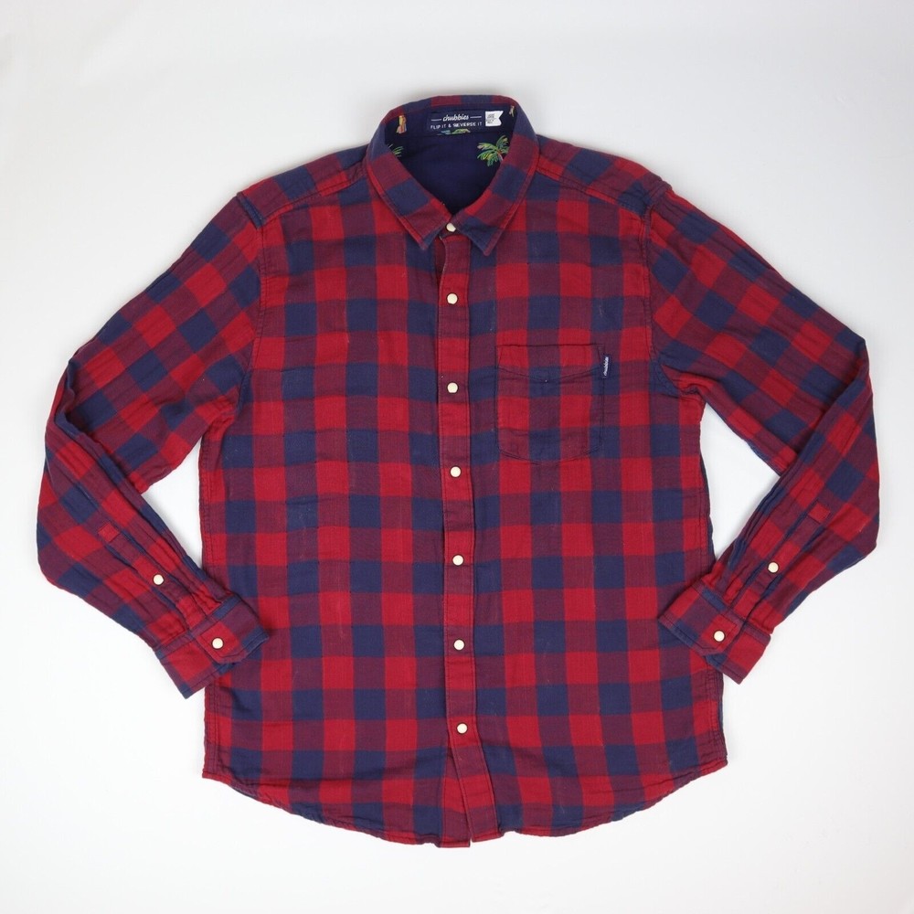Chubbies Pearl Snap Shirt The Inside Out Flip Reverse It Navy Plaid Palms Mens L